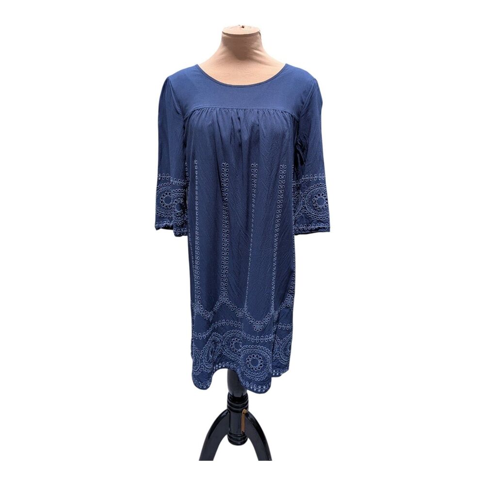 Boho Navy Blue Embroidered Dress 3/4 Sleeve Peasant Tunic Shift Mid-Length Sz 6